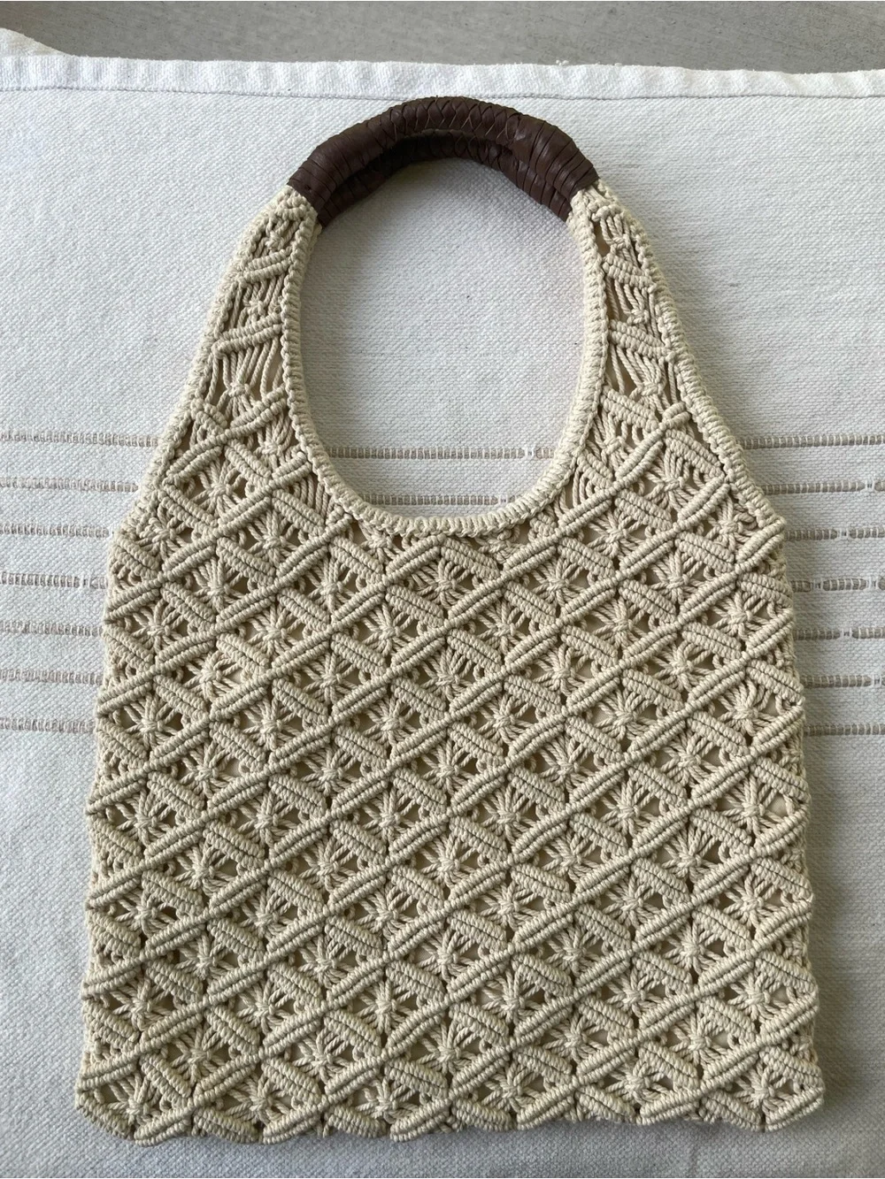 Banana Republic Cream Macramé Shoulder Bag with Brown Wrapped Handles NWOT